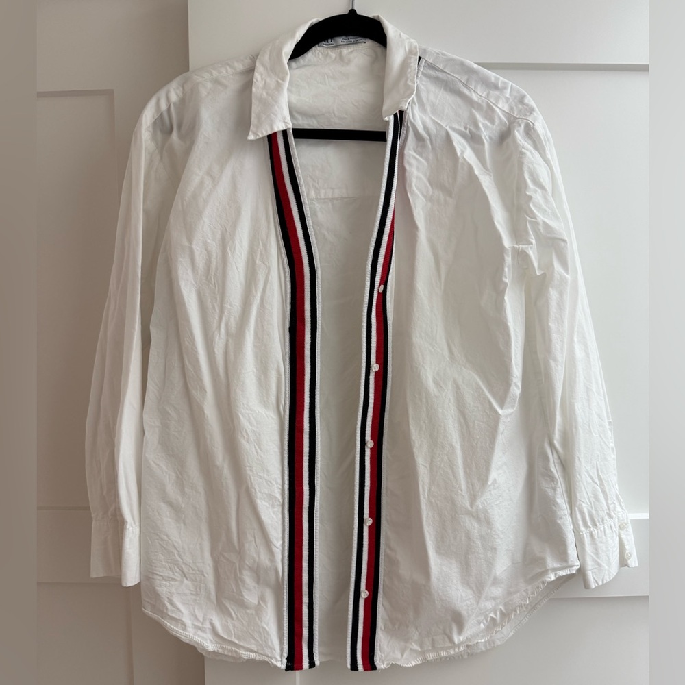 ZARA White Button-Up Shirt with Striped Trim